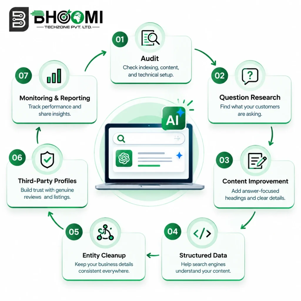 Illustration of AI-powered search and answer generation for AEO services in Noida